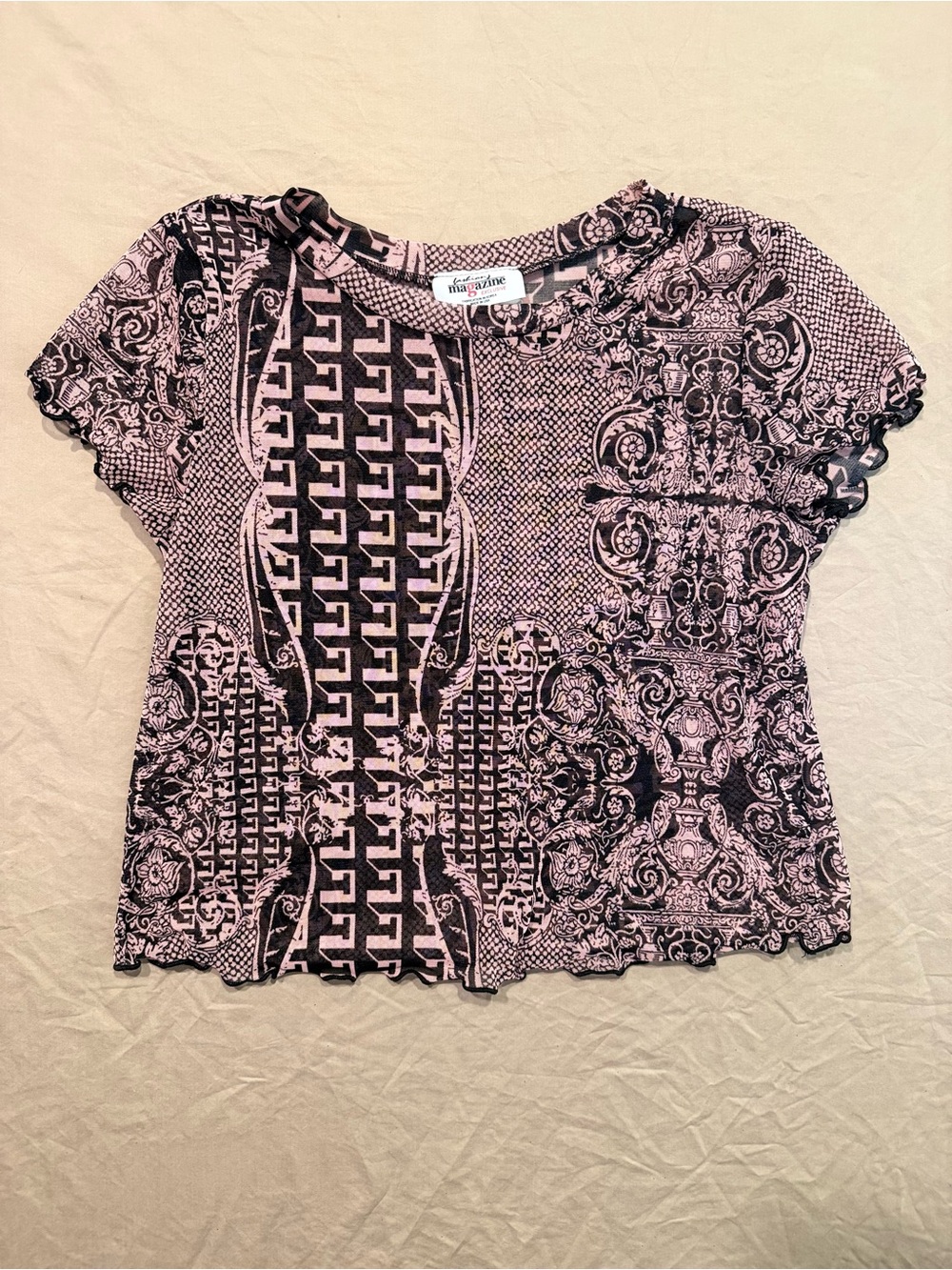 Fashion Magazine Sheer Pink & Black Patterned Short Sleeve Tee